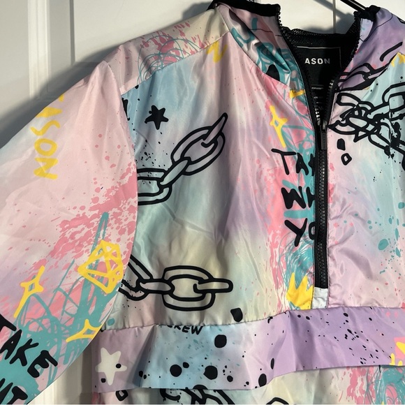 Reason Clothing Sz  Med Windbreaker Coat Jacket Designed in NYC Hooded Graffiti - Picture 4 of 10